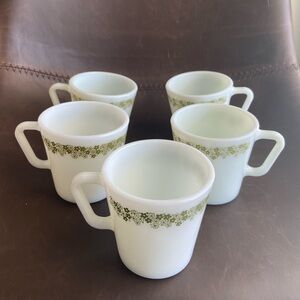 Set of 5 green floral vintage Pyrex spring blossom crazy daisy milk glass mugs.